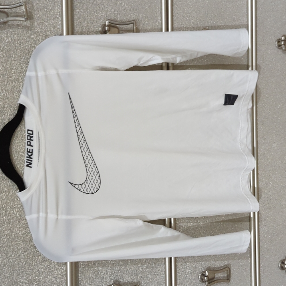 Nike White Long Sleeve Dri-Fit Top with Black Swoosh
